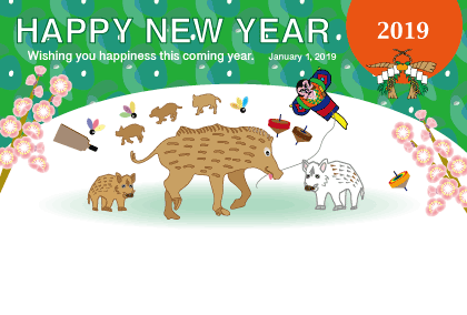 2019亥年 猪のイラスト年賀状素材