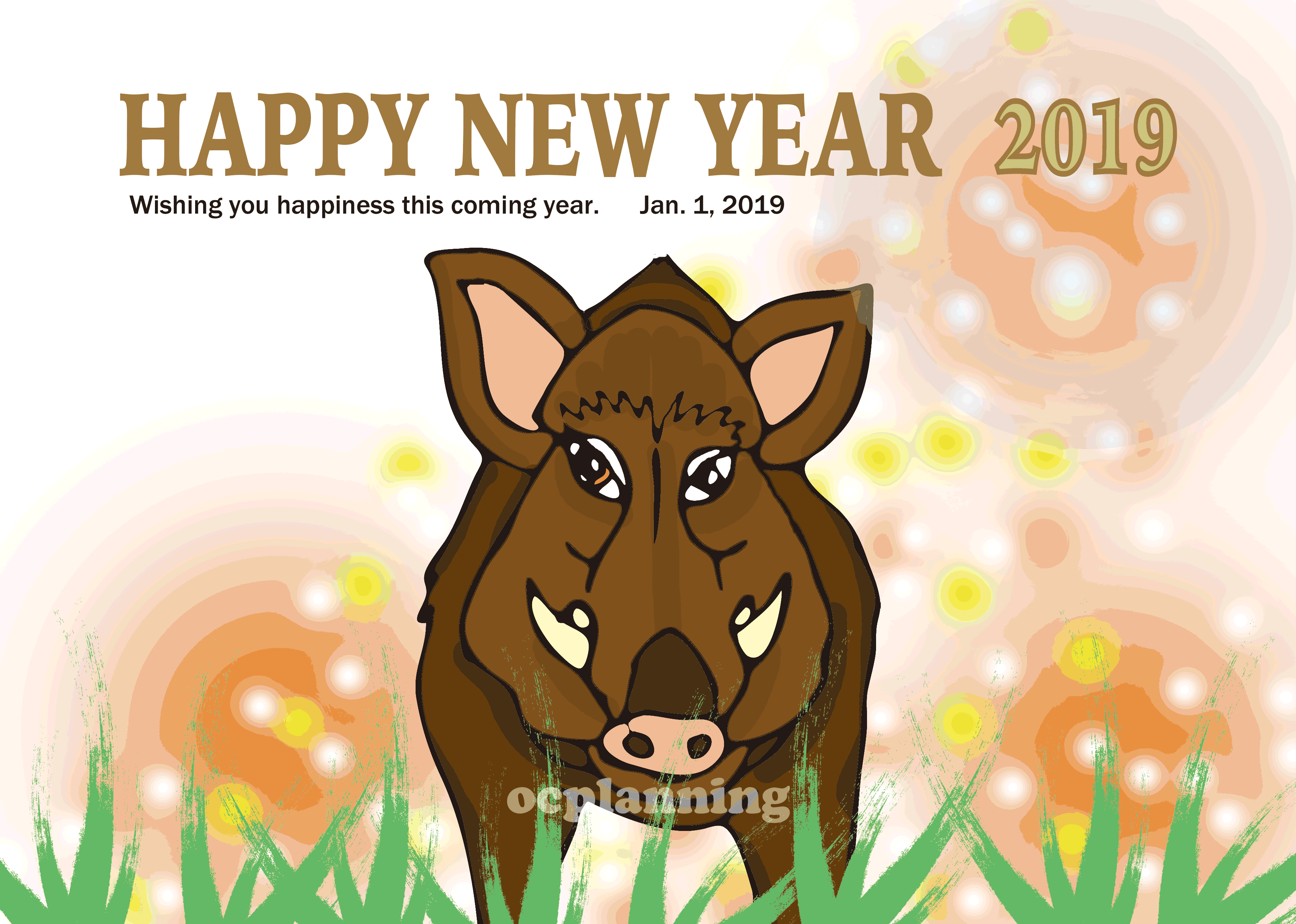 2019亥年 猪のイラスト年賀状素材