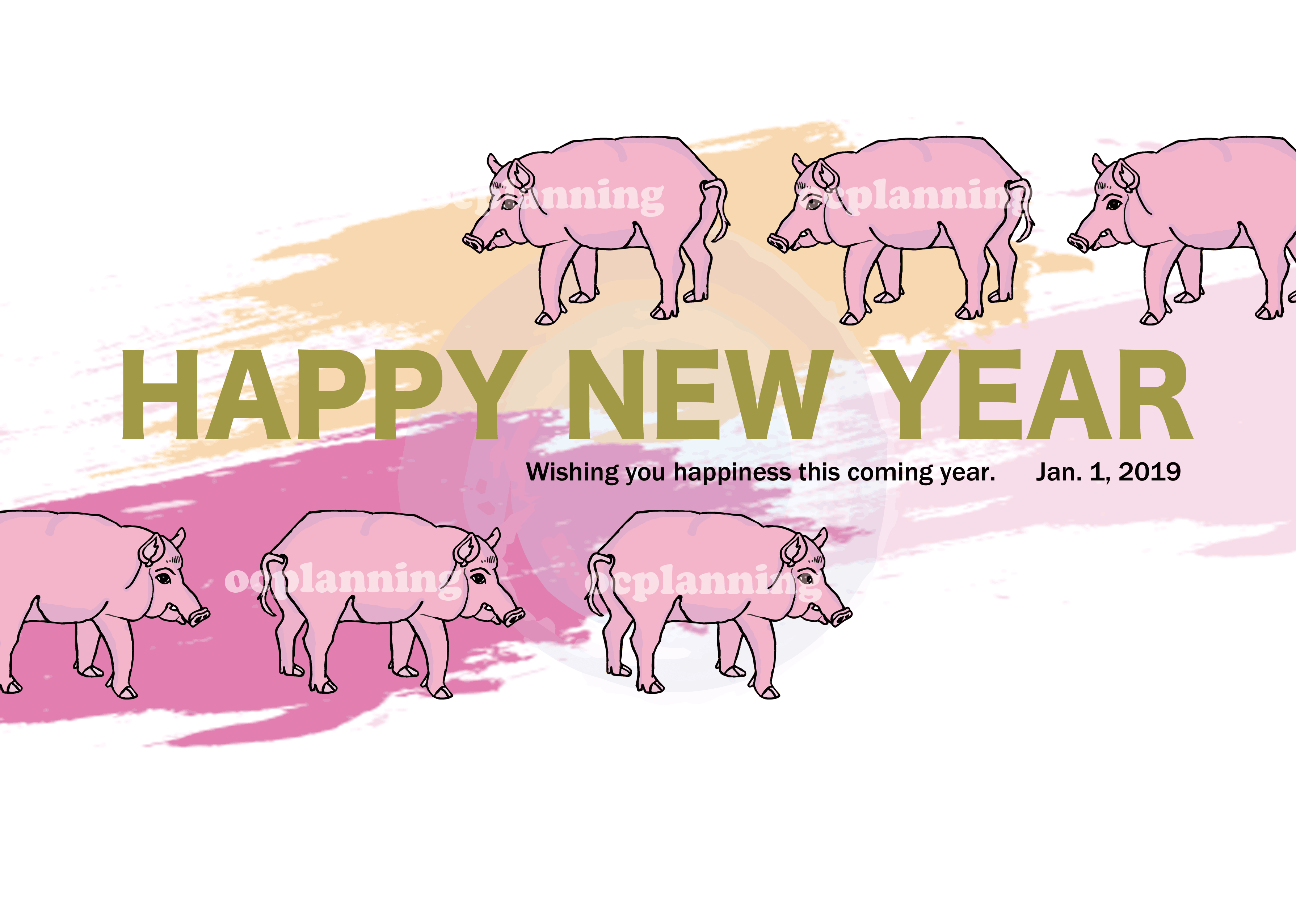 2019亥年 猪のイラスト年賀状素材