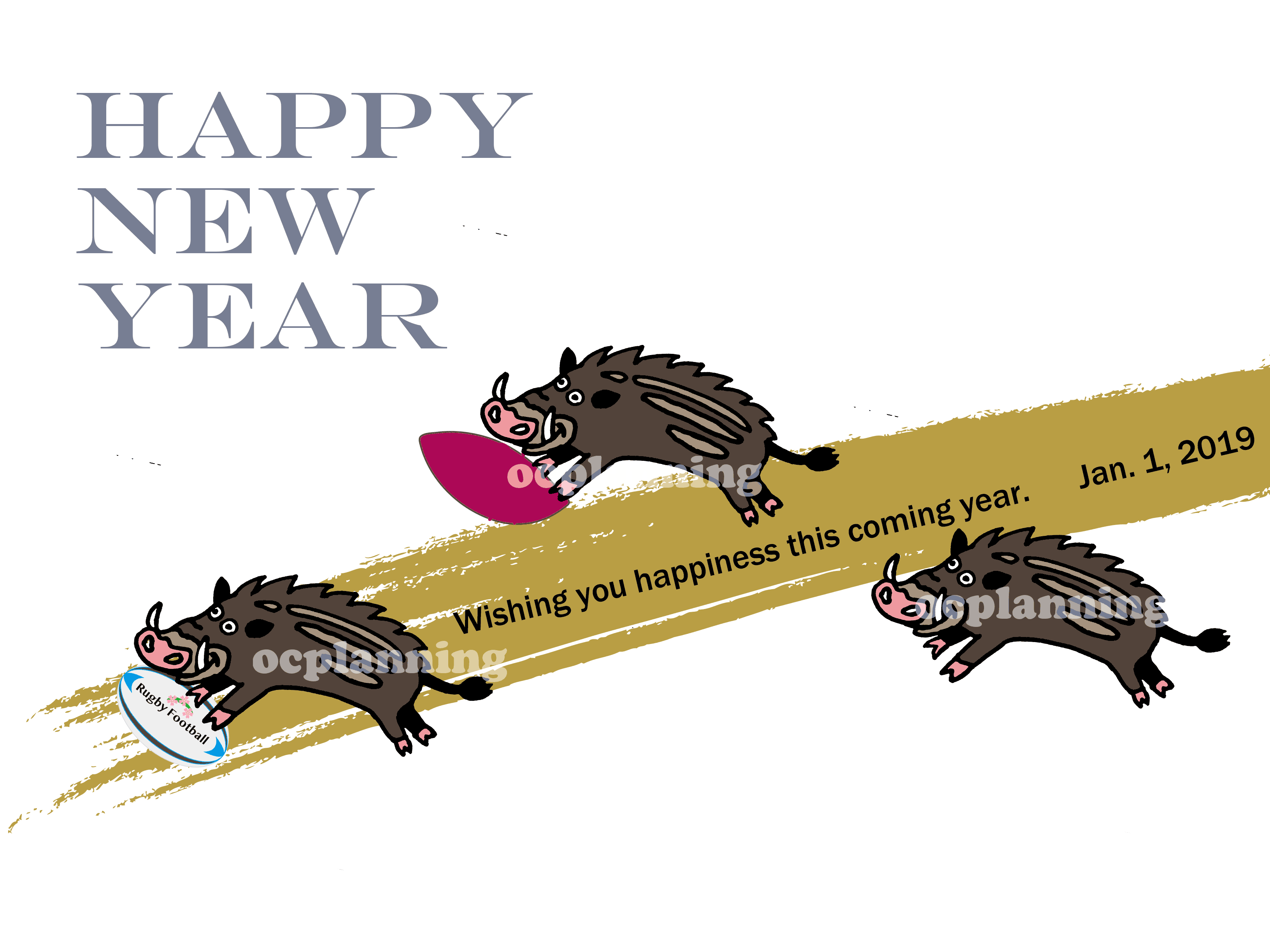 2019亥年 猪のイラスト年賀状素材