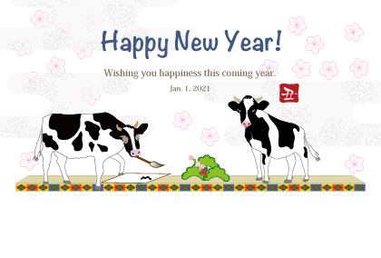 2021丑年のウシのイラスト年賀状素材